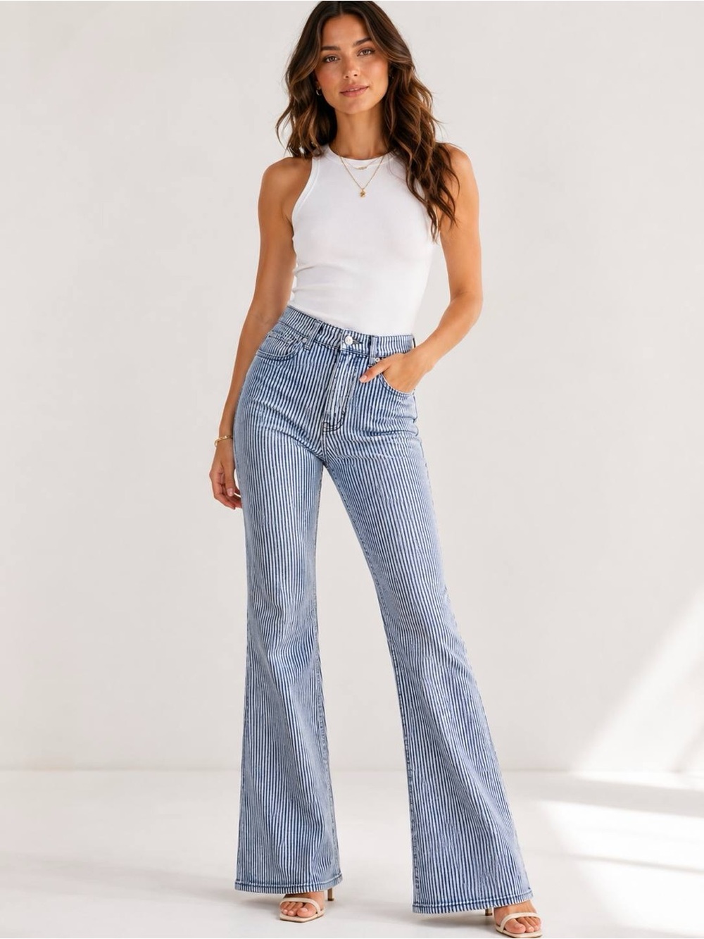 We The Free Jeans Women Blue White Stripe High Rise Flare Size 29 NWT